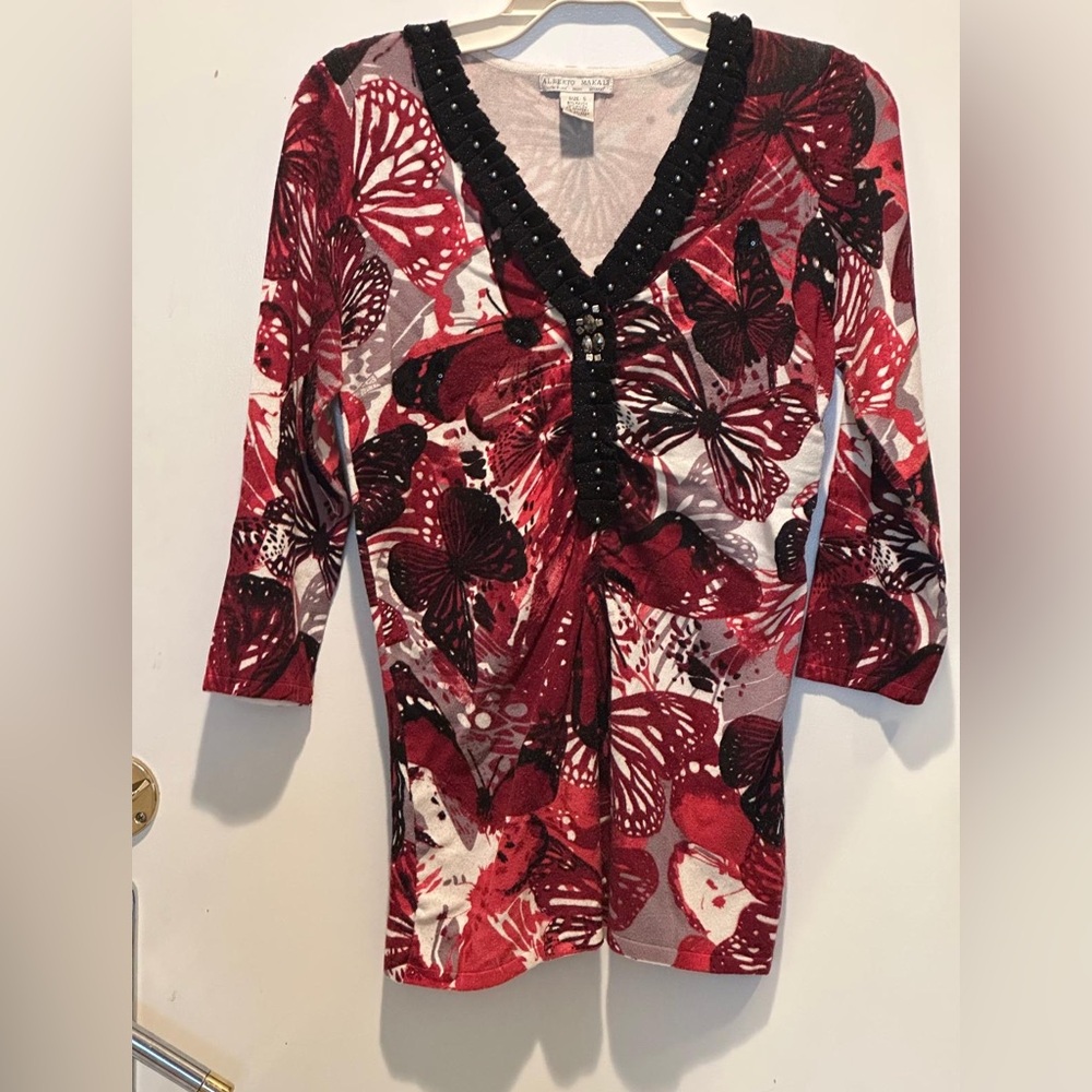 Alberto Makali Red and Black Butterfly Print Blouse